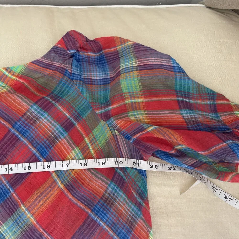 $80 LAUREN Ralph Lauren Plaid Madras  Crinkle Cotton Off Shoulder Top L - Picture 4 of 9